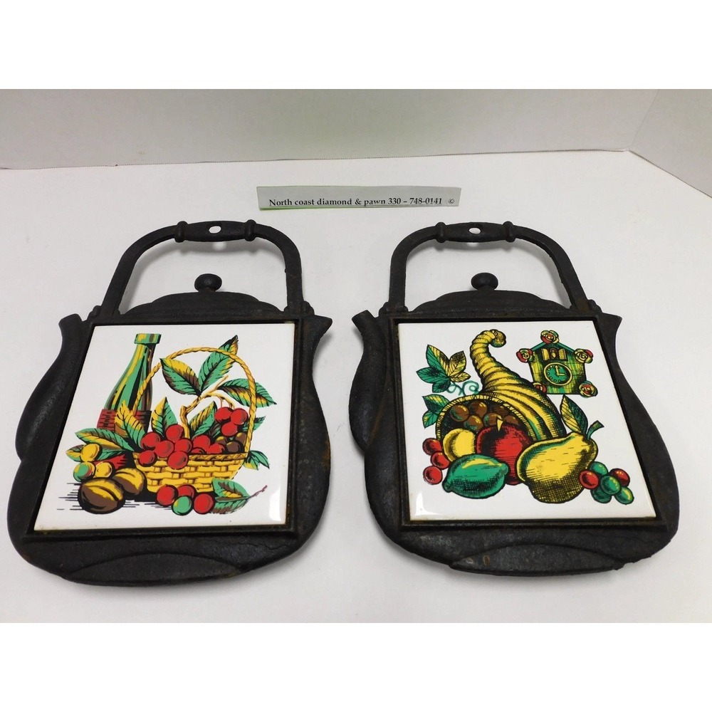 Vtg Decorama Cast Iron Teapot Trivets Set of 2 Ceramic Tile Fruit Harvest DW71